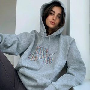 Vintage Nike Skateboard Striped Logo Oversized Grey Sportswear Hoodie Sweatshirt